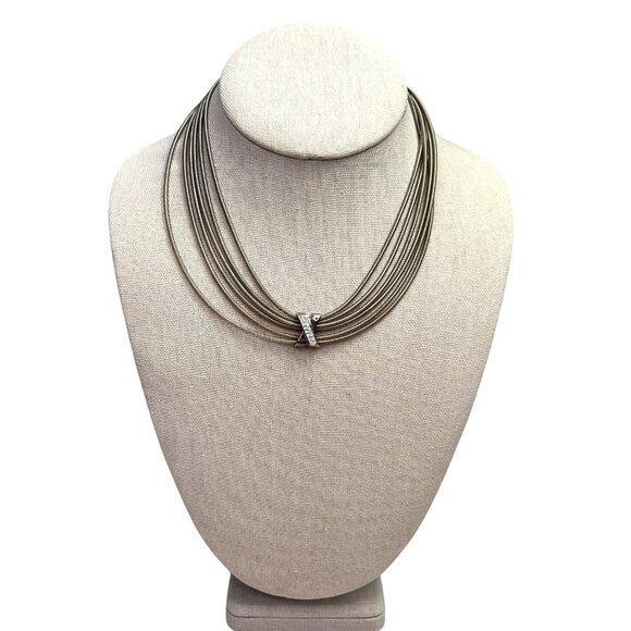 Stretchy Multi Strand Wire Necklace Silver Tone Rhinestones Sliding Pendant - Picture 1 of 8